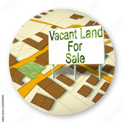 Cadastral map with a green area and an advertising billboard with Vacant Land for Sale written on - Round icon concept image