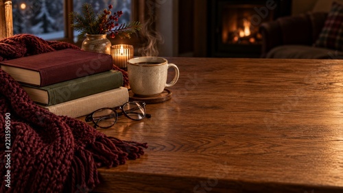 Books and eyeglasses with a steaming mug in a warm winter reading nook