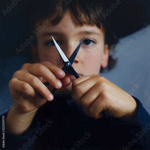 Child Holding Scissors in Indoor Setting With a Focused Look on His Face
