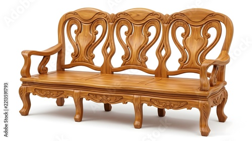 Ornate wooden bench with carved backrest and curved armrests