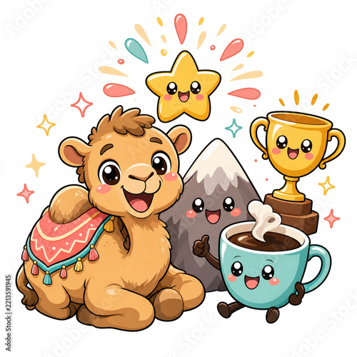 Cute Camel Character with Star, Trophy and Coffee
