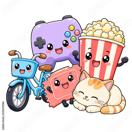 Kawaii Entertainment Bundle: A charming collection of adorable, cartoon-style objects including a video game controller, popcorn bucket, bicycle, movie ticket, and a sleepy cat.