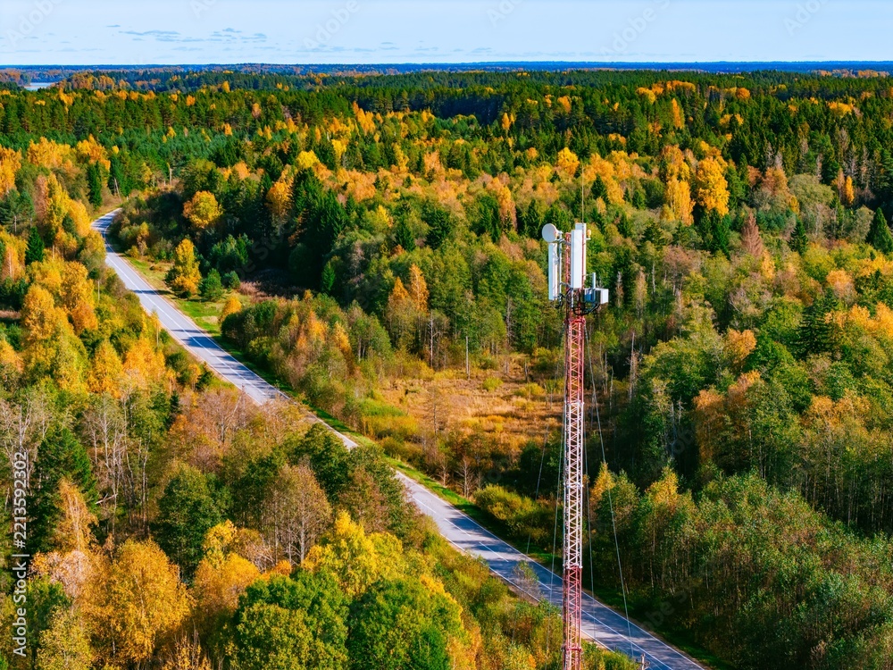 Fototapeta premium Aerial view of a 5G 6G telecommunications antenna tower near a winding rural road in autumn forest