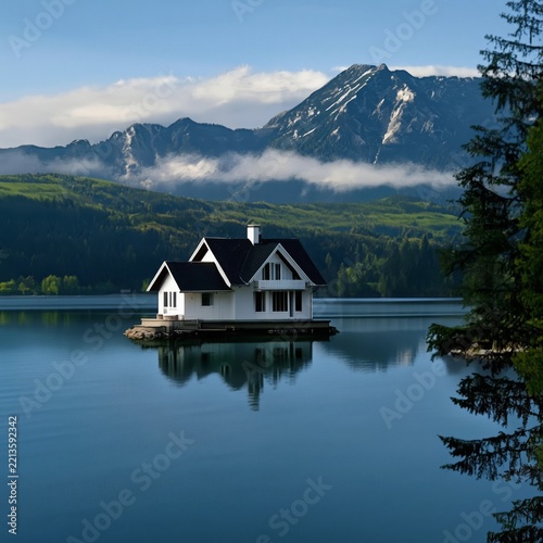 House on Water With Mountains and Clouds in the Background