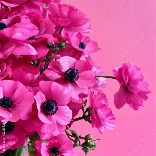Bright Pink Flowers Arranged Against a Simple Pink Background
