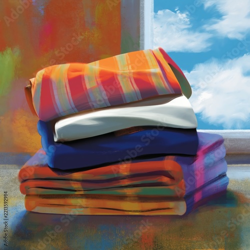 Colorful Stacked Blankets Near an Open Window With Bright Clouds