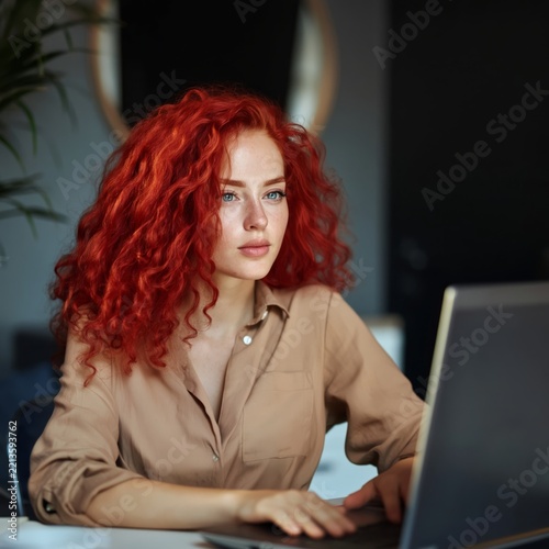 Woman With Red Curly Hair Working on a Laptop in a Modern Indoor Space