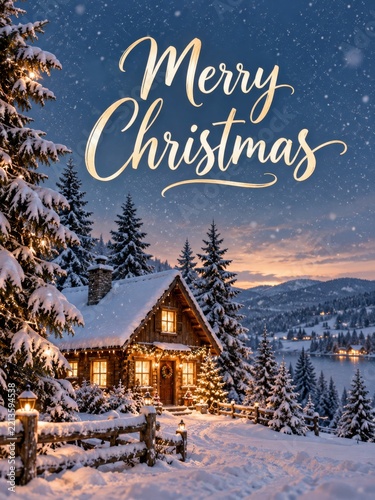 Snowy Christmas Scene With Cozy Cabin and Pine Trees
