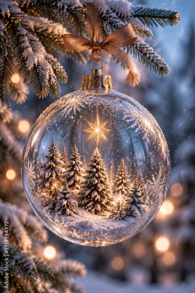 Fototapeta premium Winter Scene Inside a Glass Ornament Hanging on a Snow-Covered Tree