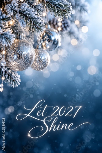 Decorative Christmas Tree Ornaments and Text for New Year Celebration