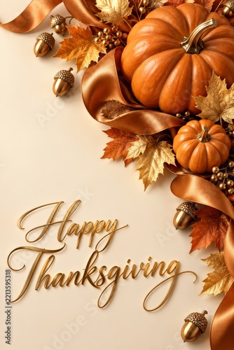 Thanksgiving Decorations With Pumpkins, Leaves, and Ribbons in Warm Colors