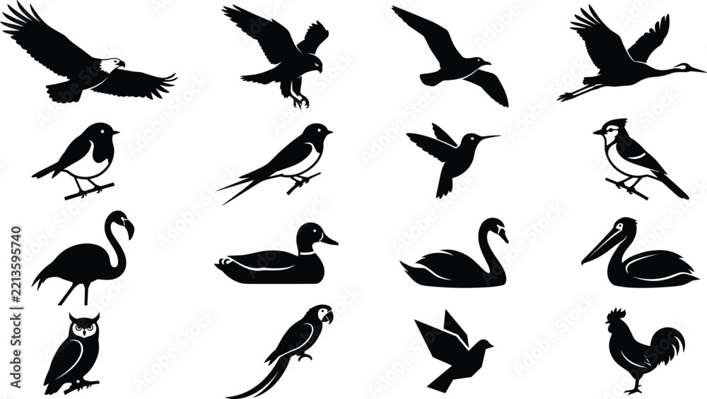 Obraz premium Black Bird Silhouette Collection with Flying Eagles, Cranes, Swans, Flamingos, Owls, Pelicans, Ducks, Parrots, Roosters and Songbirds