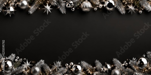 Decorative Silver and Green Garland With Ornaments on Dark Surface