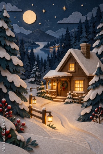 Winter Scene With a House Surrounded by Snow and Trees at Night