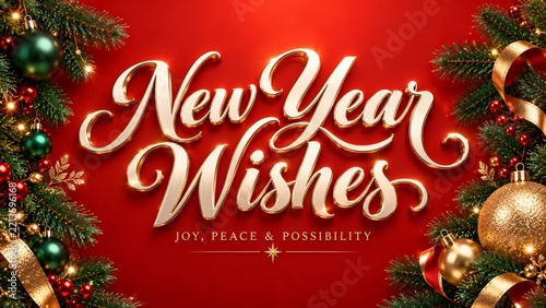 New Year Wishes With Gold Lettering and Holiday Decorations