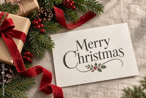 Christmas Greeting Card on a Table With Wrapped Gifts and Pine Branches