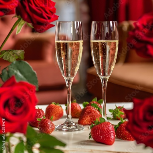 Champagne Glasses Beside Strawberries and Red Roses on a Table at a Cozy Setting
