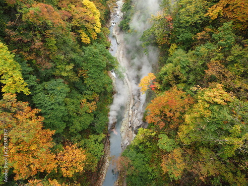 色とりどりの紅葉と立ちのぼる湯けむり 小安峡大噴湯の俯瞰