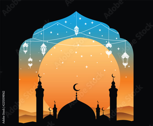 Mosque Silhouette with Lanterns and Crescent Moon Illustration