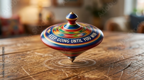 Colorful spinning top toy with motivational text 'Keep Going Until You Win' on a wooden table