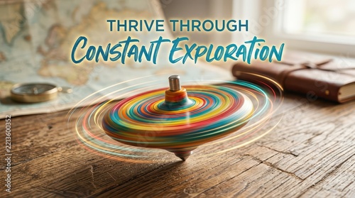 Colorful spinning top toy on wooden table with map and compass, symbolizing exploration and