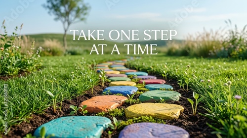Colorful stepping stone path through lush green grass and wildflowers, inspiring journey