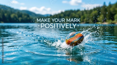 Colorful stone splashing into clear blue lake water with forest background, making ripples