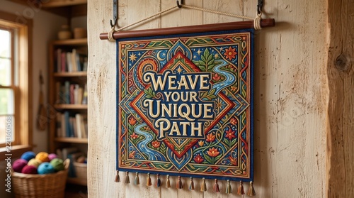 Colorful Tapestry with Inspirational Quote 'Weave Your Unique Path' Hanging on a Rustic Wall