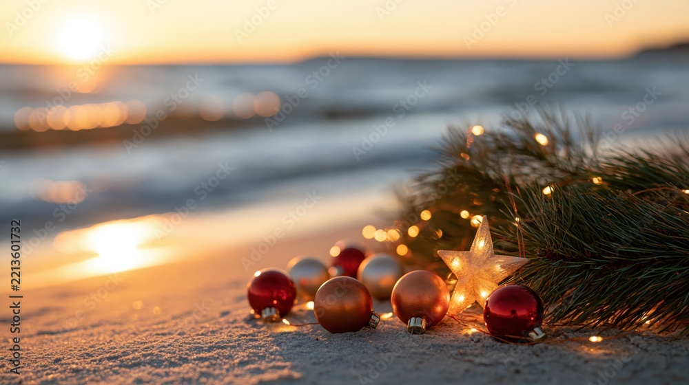 Fototapeta premium Christmas ornaments and pine branch on a sandy beach at sunset
