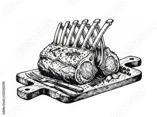 Roasted rack of lamb vintage hand drawn sketch for gourmet restaurant menu design on wooden cutting board with rosemary and knife