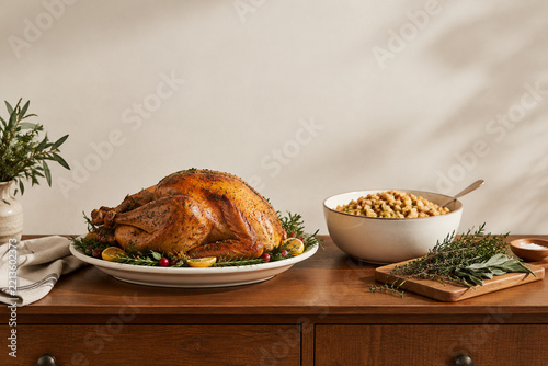 Obraz na plátně Roasted turkey, stuffing bowl and fresh herbs on wooden sideboard, Thanksgiving
