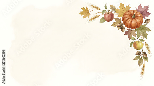 Watercolor autumn corner arrangement with pumpkins apples leaves and wheat stalks