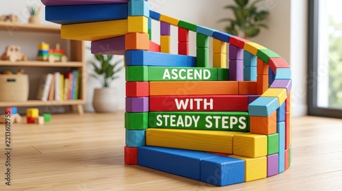 Colorful toy block spiral staircase with motivational text for learning and growth