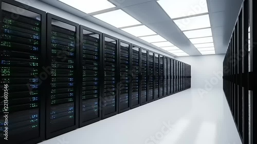 Modern Server Room with Racks and LED Lights - Data Center Technology