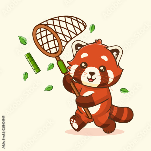 Cute Red Panda Catching Bamboo With Butterfly Net Cartoon Vector Illustration