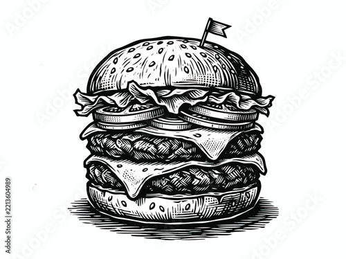 Double beef cheeseburger hand drawn engraving vector illustration for restaurant menu design isolated on white background
