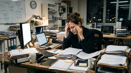Stressed businesswoman overwhelmed by paperwork at cluttered office desk at night