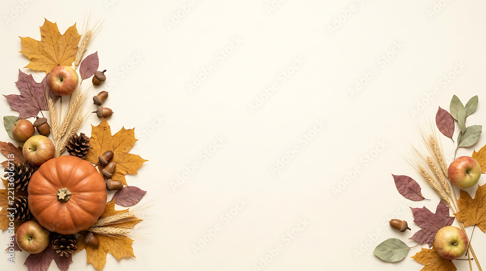 Fototapeta premium Autumnal flat lay with pumpkin apples leaves wheat and pinecones on a white background