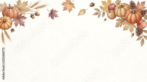 Watercolor autumn frame with pumpkins leaves wheat and acorns on a white background