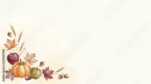 Watercolor autumn arrangement with pumpkin apples leaves wheat and nuts on cream background