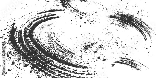 Grunge tire tracks and circular drift marks with mud splatters vector illustration for extreme sports background.