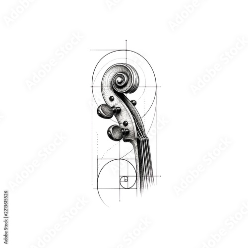 Detailed Violin Scroll Illustration with Geometric Construction Lines