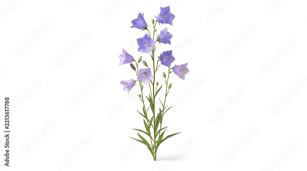 Obraz premium A beautiful stalk of purple bellflower blossoms isolated on a white background.