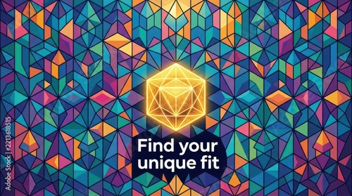 Geometric stained glass pattern with glowing crystal and inspirational text