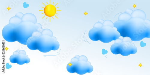 
Cute Blue Sky Background With Clouds Sun Stars And Hearts