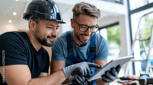 Facility manager in a hard hat and a technician in gloves reviewing a building systems checklist on a tablet in a modern lobby, tools and a ladder nearby, friendly teamwork, natura