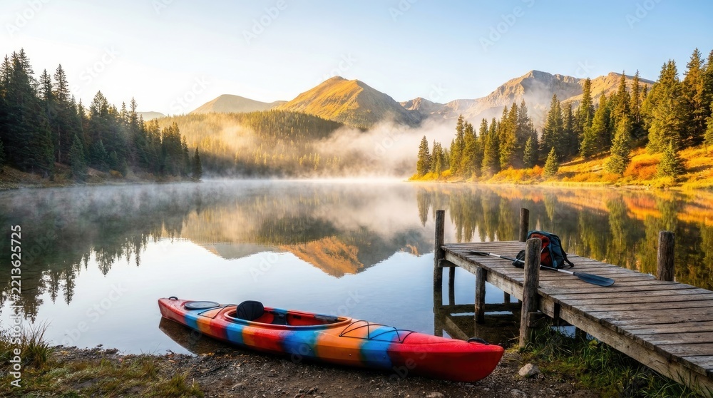 Naklejka premium A colorful kayak rests on a wooden dock beside a calm lake. Mist hangs over the mountains in the background, creating a serene and picturesque scene.