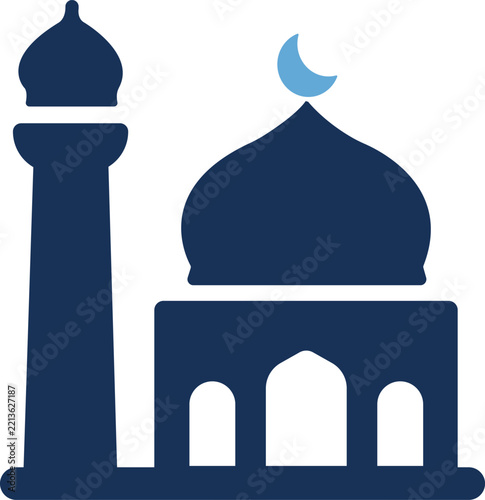 Flat vector icon of a mosque building with minaret and crescent moon