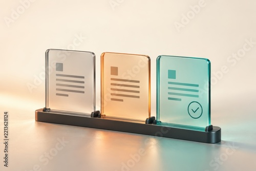 Three translucent glass document icons representing a process flow