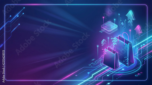 Cyberpunk online shopping banner background with glowing neon 3D paper shopping bags on digital circuit platform data arrows and spacious dark purple copy space for modern promotional text